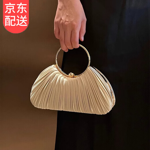 Yunshun handbag socialite high-end pleated bag 2025 new dinner cheongsam bag dress hand crossbody bag pleated evening bag apricot 23*6*19CM