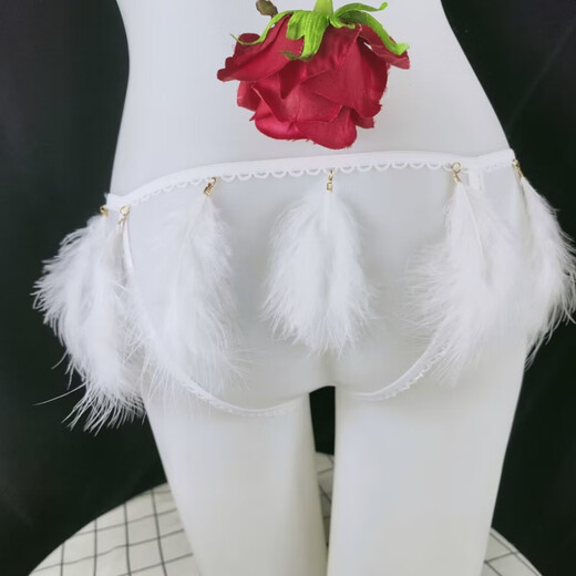 Open crotch lace men's pure desire sexy modified JJ set underwear feather decoration embroidered breathable open file thong love white JJ set open style 100-140Jin Jin equals 0.5 kg