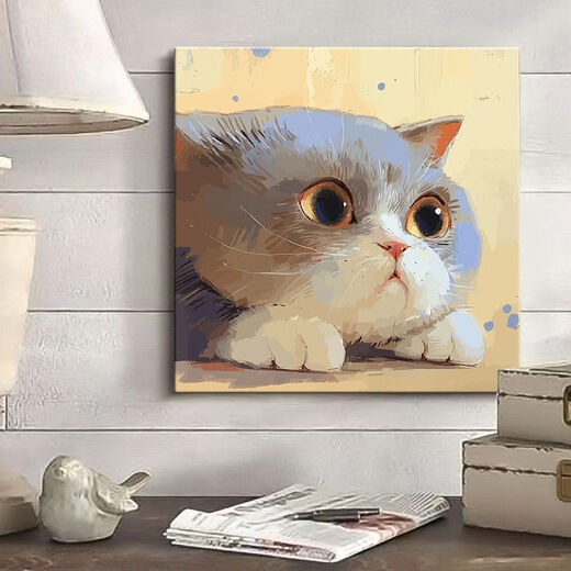 可爱猫咪diy填充儿童涂色2024新款小尺寸手绘油彩装饰画 hy12805 40*40cm加厚实木内框+装饰外框