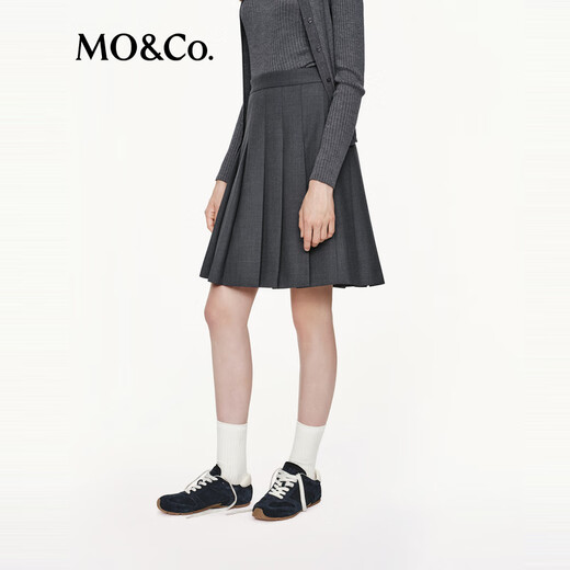 MO&Co. C+ Series Skirt 2025 Autumn New Sheep Wool Worsted I-pleat High Waist MBE3SKT030 Dark Pattern Gray S