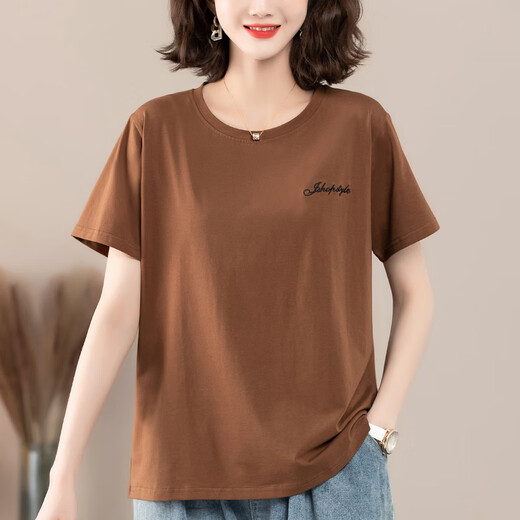 Gioio mittlere Mutter mit purem Baumwoll-T-Shirt für Frauen im Sommer kurzärmelig lose Sweatshirt Plus Size Damen mittleren und älterer runder Hals brauner Hals.