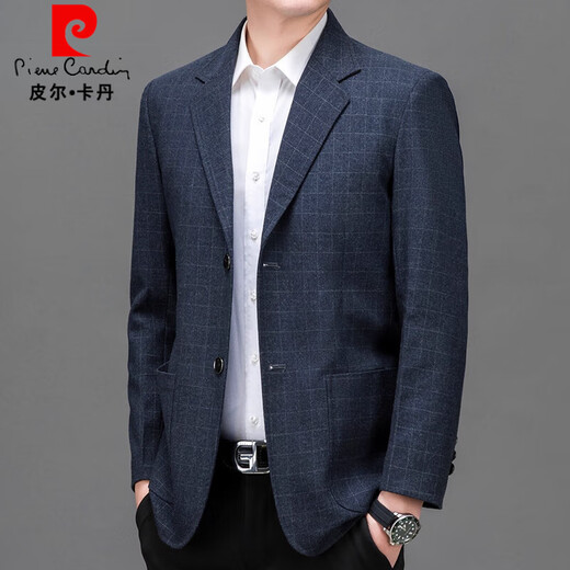 Pierre Cardin plaid suit men's high-end single suit top 2025 autumn new business casual suit jacket for men 37 Navy L 175 121-140Jin Jin equals 0.5 kg