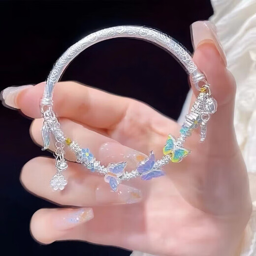 Laohuangxiang Pure Silver 999 Enamel Butterfly Sterling Silver Women's Half Bracelet Light Luxurious High-end Sweet Bracelet Gift Double-layer Broken Silver Pearl Bracelet