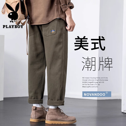 
Playboy (PLAYBOY) casual pants for men's loose trendy brand Spring and Autumn 2025 new style work trousers pure cotton straight pants high-end 1098 military green M suitable for 100-125 Jin [Jin equals 0.5 kg]