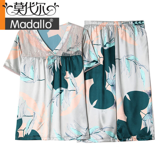 莫代尔妈妈睡衣夏季真丝薄款短袖中老年人女士真丝绸家居服大码胖MM套装 WH-838 M (建议穿80斤-100斤)