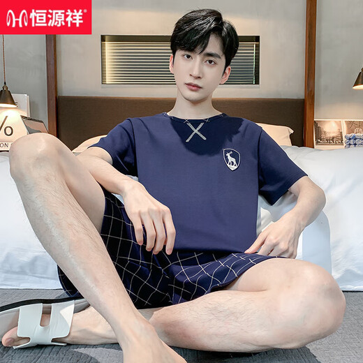 Hengyuanxiang Мужская пижама Мужская летние хлопковые шорты с короткими рукавами, домашняя одежда для мальчиков для летних средних лет, а молодые люди могут надеть костюм 9922 [H Series Men's Shorts Comse] XL [125-140Jin [Jin Equals 0,5 кг]]