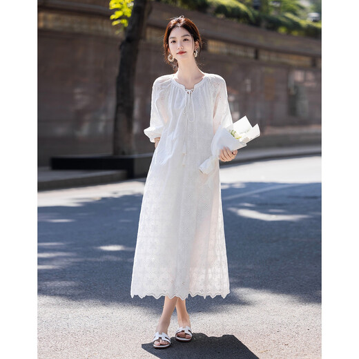 Demana [Fresh Pure Cotton] Spring and Autumn Water-soluble Lace Embroidered Tea Skirt Tassel Cotton Rope Ruffled Women's Dress