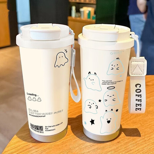Chengliu Fashion Ghost Termómetro Estudiante Portable NUEVO DOBLE DOBLE CAPA DE CAFÉ CAFÉ CAFÉ Men y mujeres Copa de agua de paja BXAB13792 Ghost Black + con Lanyard 316 Acero inoxidable