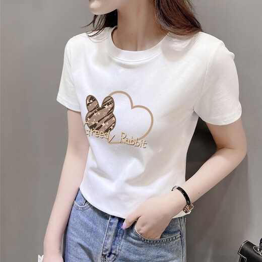 Kuzhang (Kuzhang) 2025 Sommer weißer kurzes Schulter Kurzarm T-Shirt für Frauen Neue kleine Menschen hohe Taille schlanker Baumwoll-Ins Top DG-756 Weiß M Empfohlen 80105jin [Jin entspricht 0,5 kg]