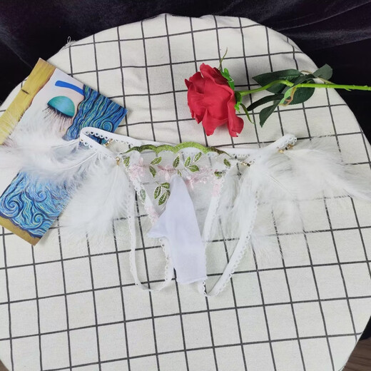 Open crotch lace men's pure desire sexy modified JJ set underwear feather decoration embroidered breathable open file thong love white JJ set open style 100-140Jin Jin equals 0.5 kg