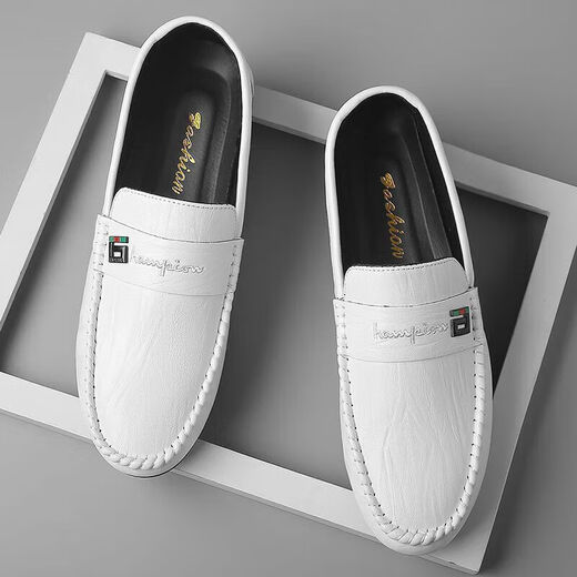Xiaohuilijia Doudou shoes men's summer and autumn new men's shoes Korean versatile men's casual leather shoes one-legged driving lazy shoes 825 white latex insole model 43 (wide feet, fat feet, one size larger)