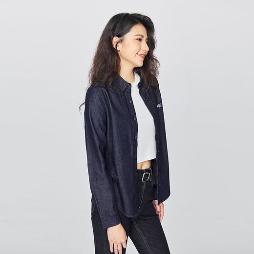 Lee25 new autumn and winter standard-fit lapel embroidered small logo women's long-sleeved denim shirt dark blue M