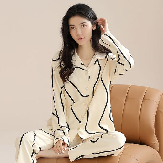 雅鹿睡衣女春秋季纯棉长袖简约休闲翻领开衫秋纯棉家居服套装 PLD-Y1137 9226 L 【建议100-120斤穿】