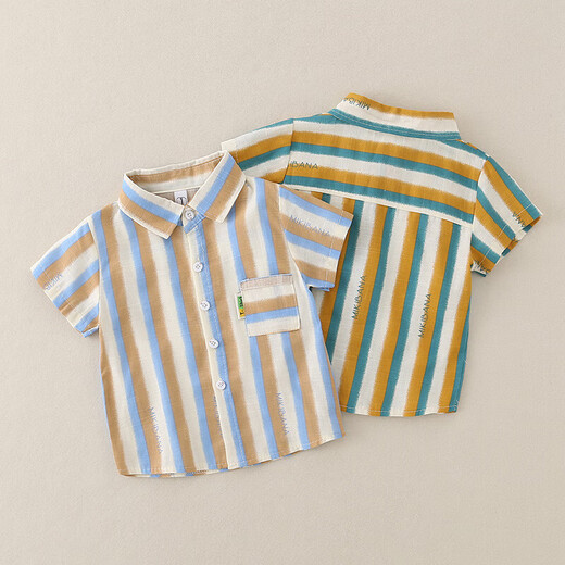 2025 new summer style boys' vertical striped shirt short-sleeved jacket baby thin summer outer wear Korean style shirt blue 130 cm