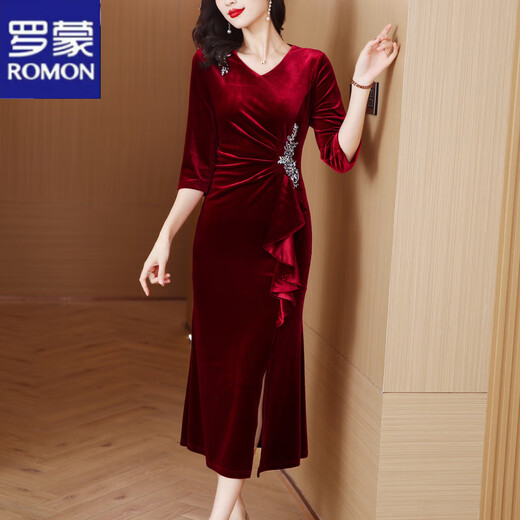 ROMON evening dress for women in spring and autumn, toasting, waist slimming, temperament, wedding banquet, middle-aged mother, high-end elegant mother-in-law dress, burgundy XL