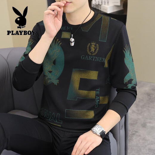 
Playboy (PLAYBOY) 2025 autumn and winter new men's long-sleeved T-shirt European fashion men's handsome fashionable sweatshirt plus size base shirt T-shirt [Spring and Autumn] 6626 black thin model M 90-115Jin [Jin equals 0.5 kg]