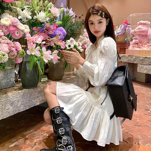 Lugeli French Dress Новое белое V-образное ретро-ретро-плиссированное высококачественное похудение и сладкое платье Fairy White + Belt M [Рекомендуется 90-110JIN [JIN равно 0,5 кг]]]
