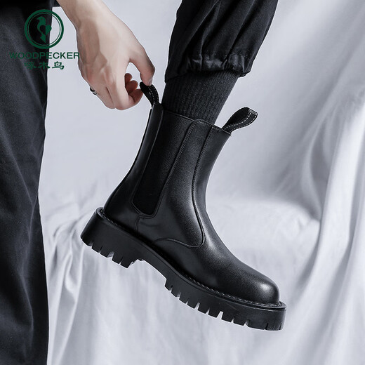 Specht Frühling und Herbst Chelsea Boots Herren Boots Britische Martin-Stiefel Herren Winter Plüsch-Chime-Stiefel High-Top Dicke Sohle-Männerstiefel 3524 Schwarz [Höhe 15 c m] 37