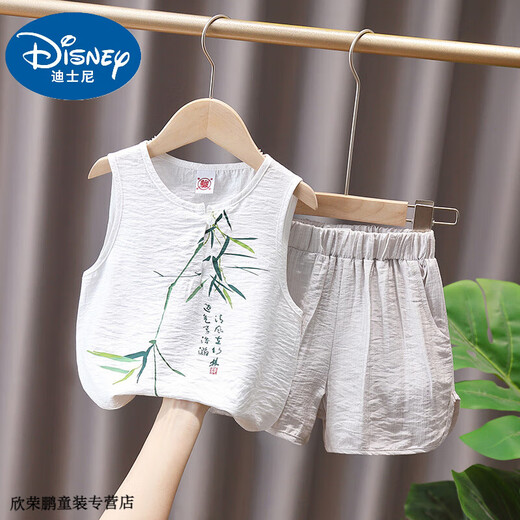 Disney baby boy summer vest cotton linen two-piece set handsome 2025 new baby casual clothes children's sleeveless suit trendy white suit 120 suggest 110-120cm3-4 years old cm