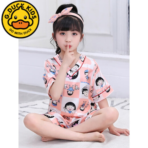 G.DUCKKIDS儿童睡衣女童夏季冰丝薄款短袖星黛露女孩丝绸夏天宝宝空调服套装 688樱桃香槟色 8码建议身高100-110cm4-5岁