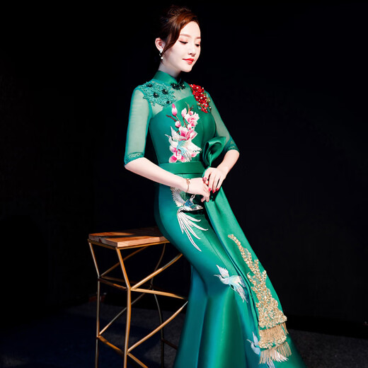 Шоу Timmerchi's Cheongsam расширенное выступление костюма Банкет вечернее платье зеленое рыбное хвост команда наблюдает за элегантным элегантным зеленым 679 3XL Около 130 джин [Джин равняется 0,5 кг]