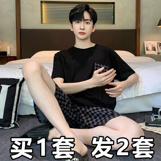 QLTQZQ睡衣男士夏季短袖薄款青少休闲特大码230斤加肥学生家居服套装 378黑菱格+6627#蓝色字母 170 学生M【80-100斤】
