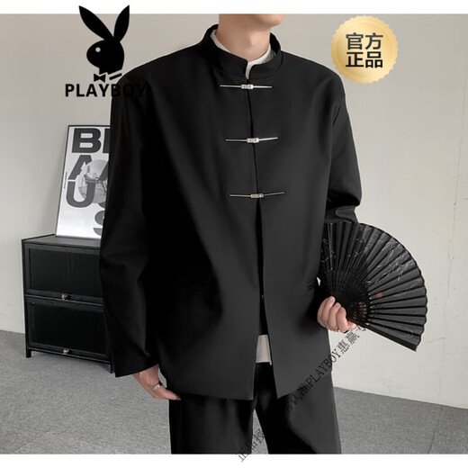花花公子（PLAYBOY）春夏气质立领新中式竹子刺绣西装男感休闲中山装结婚西服套装 银竹 黑色单西服 M