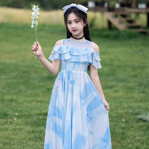 Mädchenkleid Sommer 2025 Neues modisches und dünnes Prinzessin Kleid Mädchen mittelgroßer Kinder Chiffon Long Kleid 101 Blau [Perle Stirnband senden + Schlüsselbeutelkette] 140 [Vorgeschlagen 46-55 Jin [Jin gleich 0,5 kg]]]