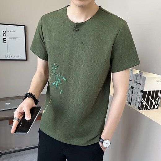 
SATCHI new Chinese style bamboo embroidered short-sleeved men's summer v-neck national trend T-shirt men's linen cotton linen new Chinese style half-sleeved 9856 khaki M (about 90~105 Jin [Jin equals 0.5 kg] can be worn)