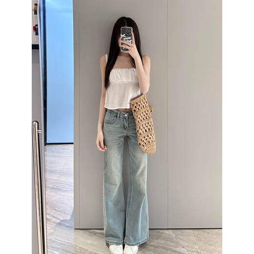 灿图浅色窄版微喇牛仔裤女夏季新款高腰修身显瘦小个子阔腿微喇休闲裤 浅蓝色 M 【建议90-110斤】