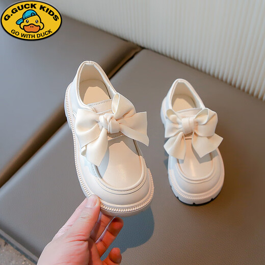 G.duck girls and children's small leather shoes 2026 spring and autumn new style princess girls' single shoes black soft sole loafers with bows off-white EUR36 31 inner length 19CM