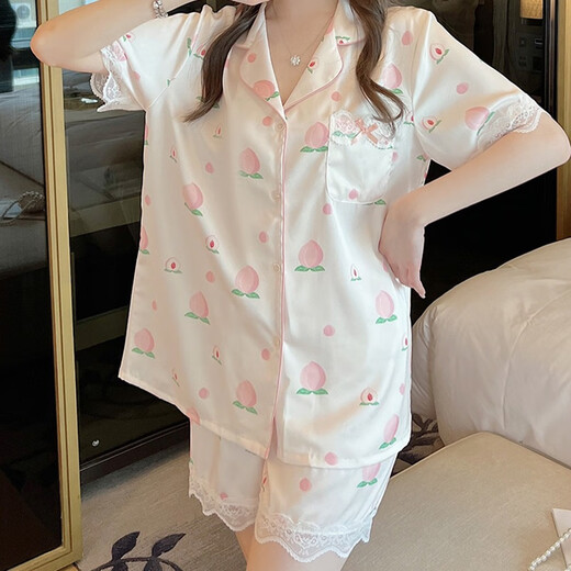 猫人（MiiOW）夏季睡衣女款冰丝短袖长裤高级感甜美水蜜桃夏天薄款丝.绸两件套 FS_9905#开衫短长水蜜桃 M