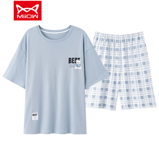 猫人（MiiOW）睡衣男款夏季纯棉新款青少年夏天短袖短裤男士家居服外穿套装 HD9928 L 【适合100-120斤】