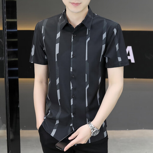 Pierre Cardin Neu 2025 Sommer-Herren-Kurzärmel-Hemd Trendy hübsches Eis Silk Zentimeter Dünnes kühles Hemd 7027 Schwarz M 90-110Jin [Jin ist gleich 0,5 kg]
