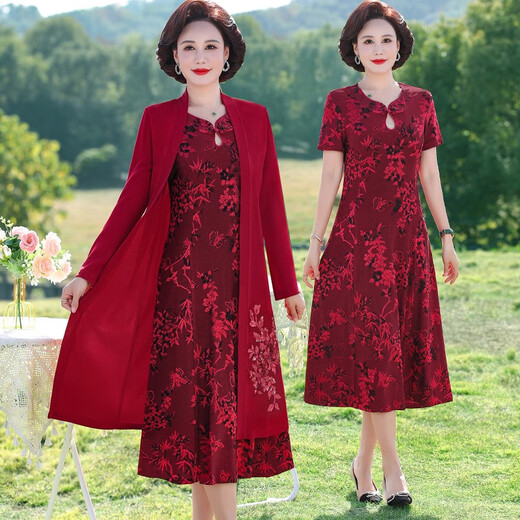酷章（KUZHANG）喜婆婆婚宴套装妈妈春夏秋连衣裙高贵旗袍裙子新款结婚礼服两件套 9277绿色 两件套连衣裙 M 80-95斤