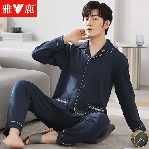 雅鹿男士纯棉睡衣长袖春秋季加大码开衫薄款套装可外穿男款家居服 mz-3524 L 【120-140斤】