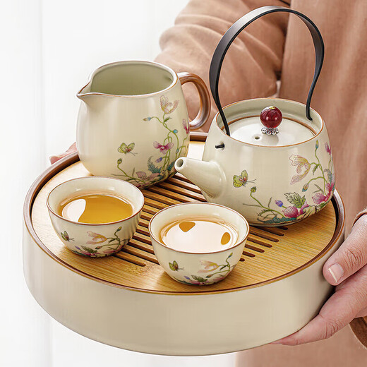 Original and Poppy Kung Fu Tea Set Chinese Style Ru Porcelain Lift Teapot Ceramic Dry Tea Tray Light Luxury High-end