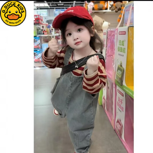 G.DUCKKIDS Little Yellow Duck Girls Denim Overalls Suit Spring Korean Retro Two-piece Set for Baby Girls Western Cute Tops Set Retro Blue Denim Overalls + Stripes 80