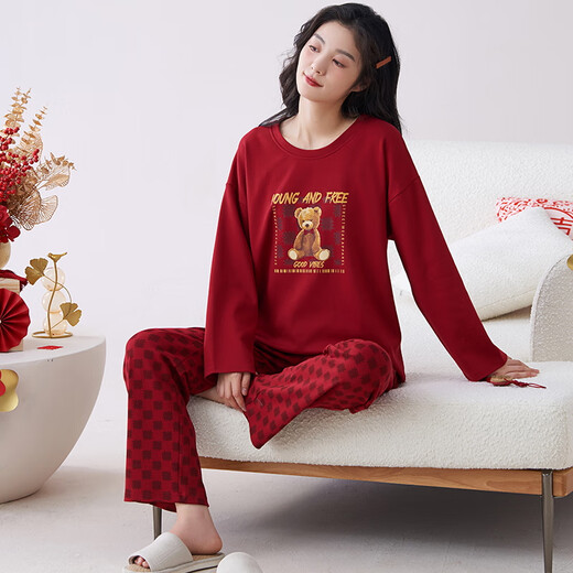 Palando Women's Pajama Set Wedding Festive Home Suit 2025 Spring and Summer Pure Cotton Red Native Year Round Can Wear Outer Pajamas Pa-QM 9227 Women M Pa-(Female)