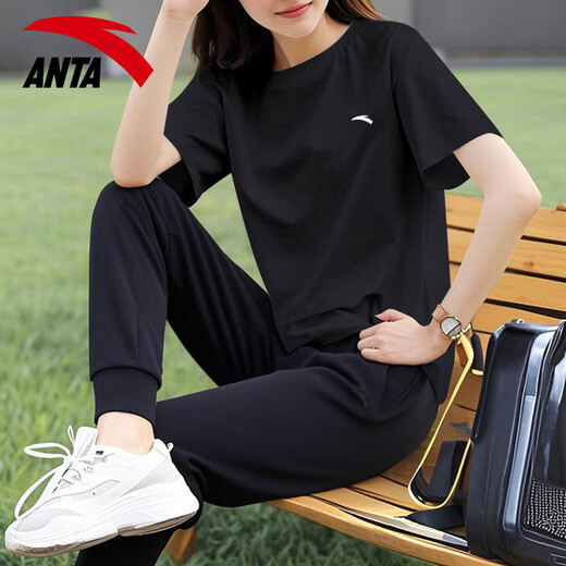 Anta-Sportanzug für Frauen 2025 Sommer Kurzärärmelte T-Shirt Atmungsfreie Hosen lässige Kleidung Fitnesskleidung Zweiteiler Set -6 Seidengrau Lila L/170