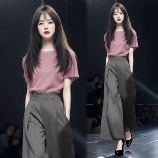 忻依美时尚套装女两件套2025夏季新款洋气显瘦冰丝短袖高腰阔腿裤套装 蓝色上衣+黑色裤子【套装】 L 【110-120斤】