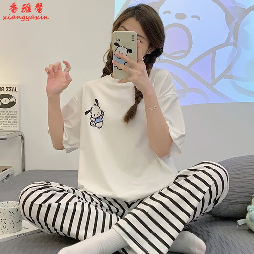KNFN pajamas for women in 2024 new summer pure cotton short-sleeved trousers thin Korean style loose-fitting home clothing suit 6627 black plaid pants M size 80-100Jin [Jin equals 0.5 kg]