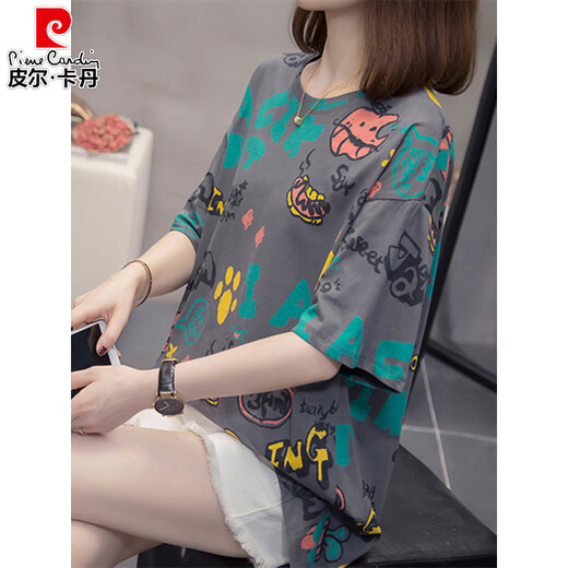 皮尔卡丹（pierre cardin）2025夏装新款加肥加大码纯棉短袖t恤女胖宽松显瘦遮肚子上衣女 9928灰色 M 80-95斤