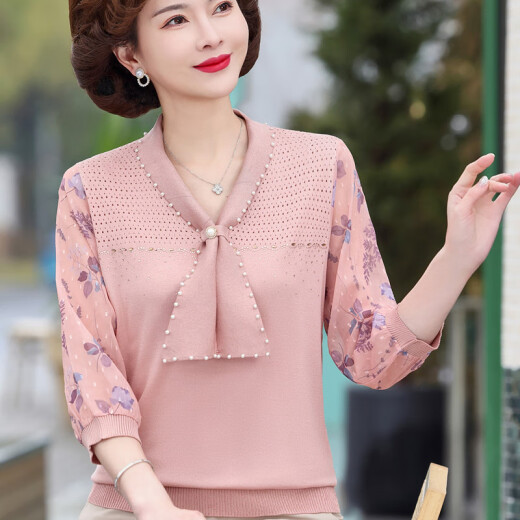 2025新款妈妈春装洋气纱袖上衣服中老年女春夏针织T恤薄款打底衫 蓝色6636 M （建议85-100斤