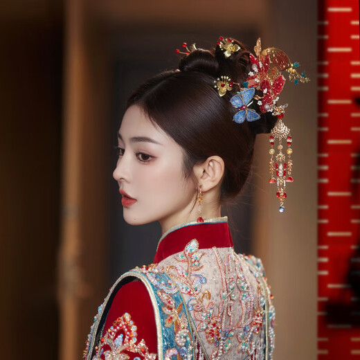 YWZR new age-reducing bridal headdress Xiuhe suit red and blue Chinese classical style flower tassel butterfly hairpin hair accessories headdress set (D0219)