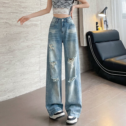 Shengmei Snow Thin Style Ripped Wide Leg Jeans Frauen 2025 Sommer ohne Beine Beine hohe Taille Lose Schlampe Schmaler Version Straight Hosen 3527 Leichte Retro-Blau-Neun-Punkte-XS empfohlen 70-80jin [Jin gleich 0,5 kg]