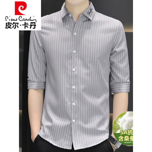 Pierre cardin 2025 summer new 100% mulberry silk quarter sleeve shirt men's striped casual slim men's shirt single piece 683 gray 2XL
