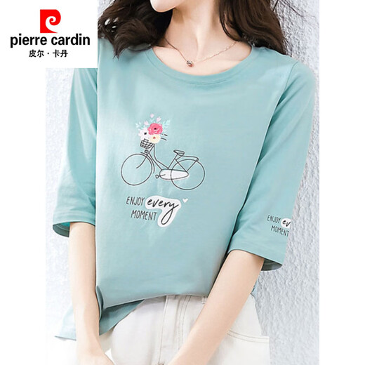 皮尔卡丹（pierre cardin）纯棉白色中袖t恤女2025年夏季新款七分袖宽松短袖体恤春秋上衣服 1XS328白色+W6172冰蓝 M 80-105斤