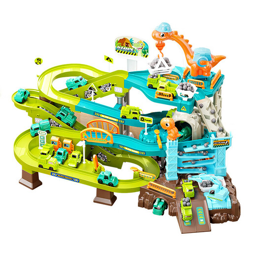 Children's electric track adventure to pass the level of sliding small train car puzzle dinosaur track car parking lot ZX002 train mine car break the level of [2 cars + 12 stone] [ordinary battery version] Chinese color box packaging