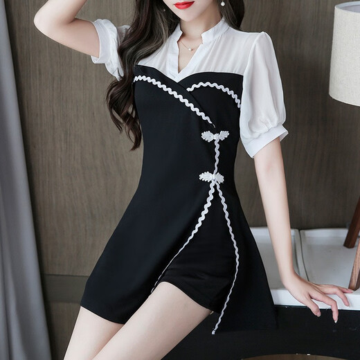 Xuanchun Foot Bath Shop Health sexy Arbeitskleidung weibliche Technikerin Fußbad Temperament Bad Sauna verbessert Cheongsam Zwei-teilige Fußmassage Schwarz 1391 s Empfohlen 75-85jin [Jin entspricht 0,5 kg]